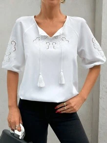 RueChic Placement Eyelet Embroidered Women's Blouse - White - View 3