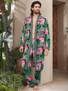 Manfinity Underwear&Sleepwear Basics Conjunto de pijama con top largo y pantalones estampado floral de patrón completo y parches para hombre - Multicolor - Ver 7