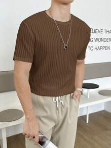 Mainfolk Men Solid Ribbed Knit Tee, Summer - Brown - View 3
