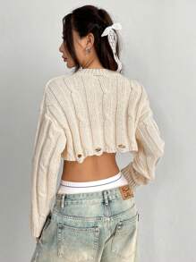 SHEIN Unity Women's Round Neck Button Closure Long Sleeve Short Casual Soft & Sweet Knitted Sweater, Fall Winter - Beige - View 2