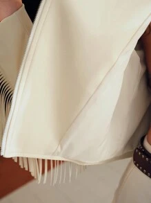 MOTF STUDIO PU LEATHER FRINGE TRIM BIKER JACKET - Apricot - View 10