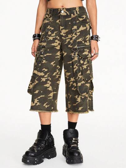 Grunge Punk شورتات كابري واسعة عتيقة مغسولة بطبعة كامو جينز للنساء، للمدرسة