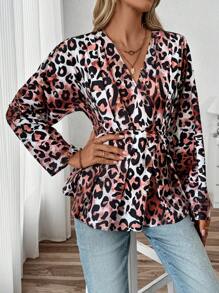 SHEIN LUNE 女士 V 领豹纹褶皱休闲长袖衬衫