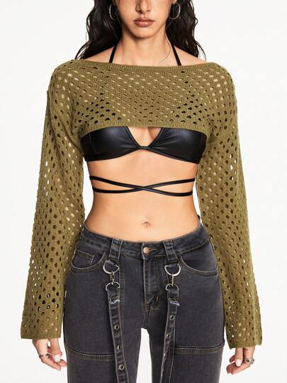 Grunge Punk Oversized Women's Grid Hollow Out Knitted Cover Up Cover Up, Summer Style, School