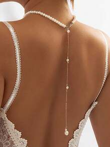 1件仿珍珠流苏项链，新娘长款珍珠项链，身体链，胸链装饰，简约几何优雅仿珍珠身体链，婚纱肩链装饰，女士珠宝礼物，情人节配饰