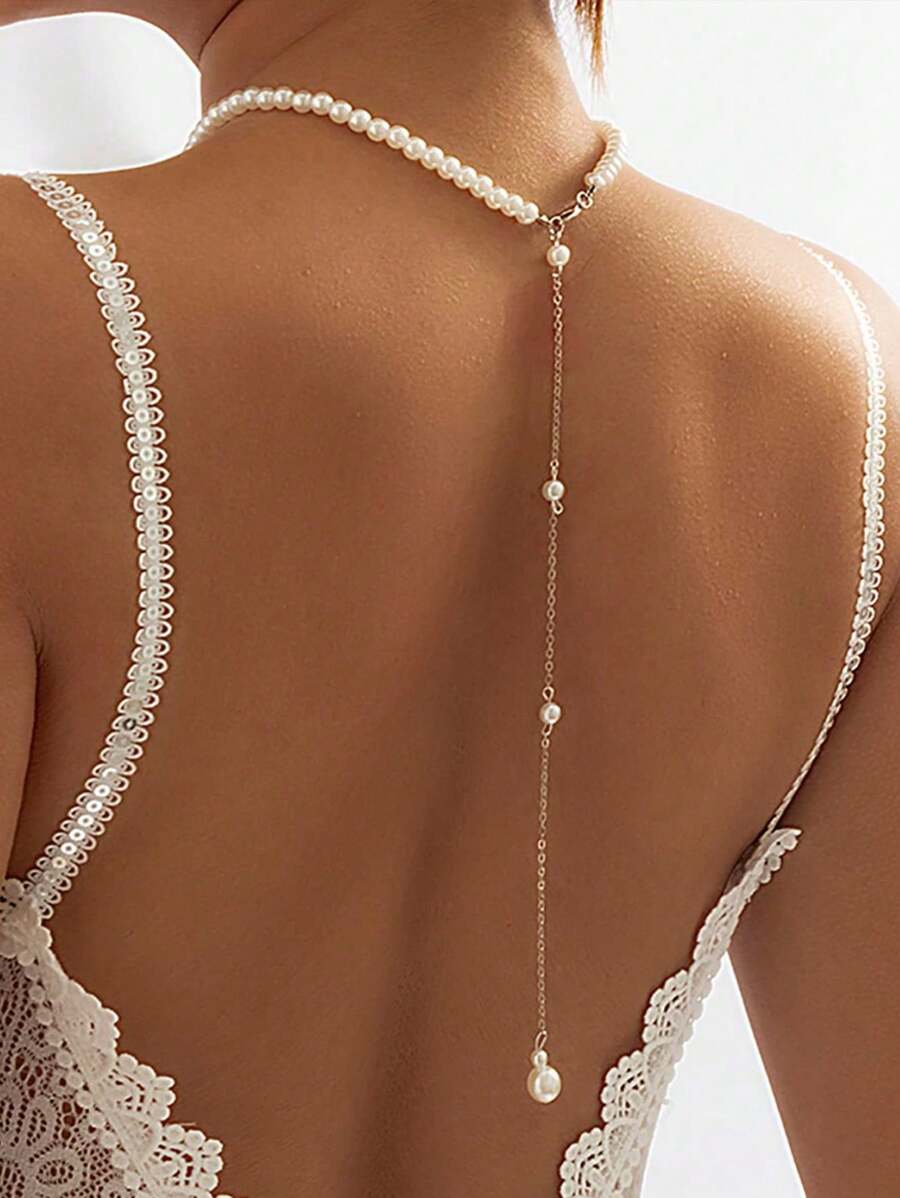 1件仿珍珠流苏项链，新娘长款珍珠项链，身体链，胸链装饰，简约几何优雅仿珍珠身体链，婚纱肩链装饰，女士珠宝礼物，情人节配饰