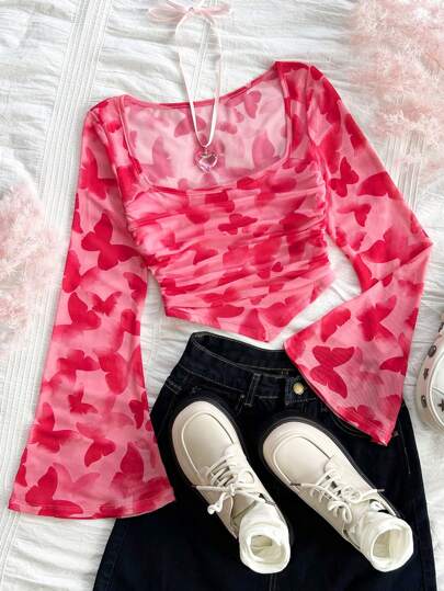 Soleia Blusa tipo babydoll de manga campana con volantes y estampado floral para mujer talla grande, uso casual para vuelta al colegio, otoño y vacaciones