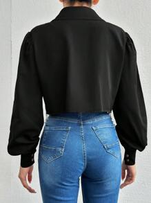 Cloudara Camisa Feminina Com Botões Manga Lanterna Em Cor Sólida - Preto - Ver 2