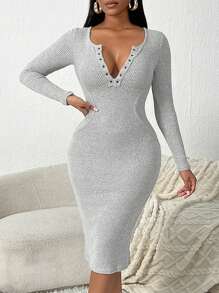SHEIN SXY Women's Casual Long Sleeve Stretchy Mid-Length Dress, Autumn Fall Clothes Women - Light Grey - View 7