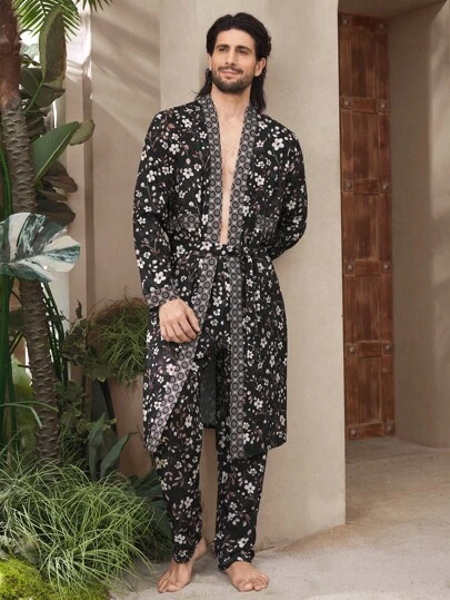 Manfinity ChillVibe 2pcs Men's Loungewear Set, Open Front Long Sleeve Top With Waist Tie And Allover Print Relaxed Fit Pants