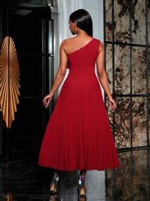 Faeriesty One Shoulder Ruffle Trim Pleated Party Dress - Red - View 2