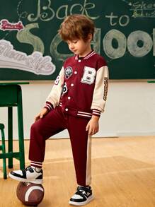 SHEIN Explorewe 2 pièces/Ensemble Veste zippée avec blocs de couleurs et patches à slogan, et pantalon de jogging pour garçon, tenue casual pour le printemps, l'automne, les sports de plein air, l'école et le quotidien - Rouge - Voir 3