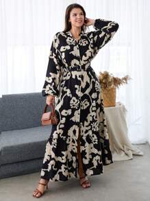 SHEIN Cottnline Plus Size Monochrome Print Made Of Woven Fabric With Belt Accessories - Black and White - View 5