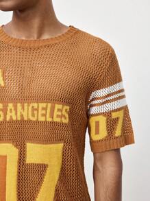 ROMWE MEN Prep Áo thun dệt kim cổ tròn tay ngắn họa tiết chữ rỗng cho nam, đi học - Màu vàng - Xem 7