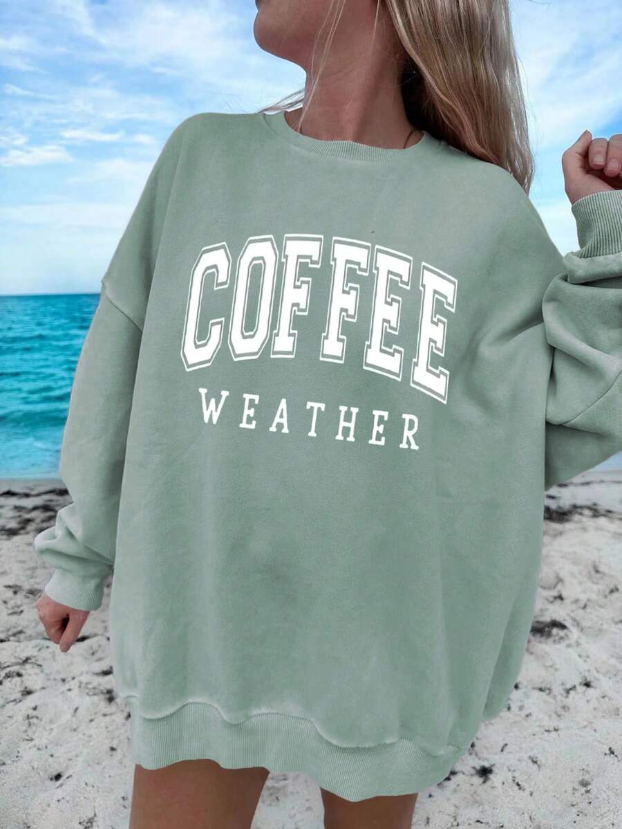 INAWLY Kvinnors Casual Letter Print Drop Shoulder Sweatshirt - Mint Grön - Visa 1