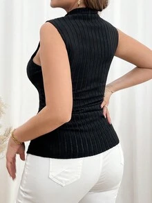 SHEIN Clasi Áo ba lỗ cổ tròn có gân màu trơn mùa hè dành cho nữ cỡ lớn - màu đen - Xem 2