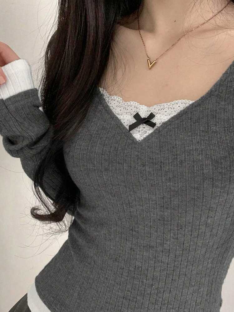 Women's V-Neck Lace Bow Splice Colorblock Long Sleeve Gentle Style Girlfriend Tee Going Out Tops,Fall Women Clothes
