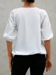 RueChic Placement Eyelet Embroidered Women's Blouse - White - View 2