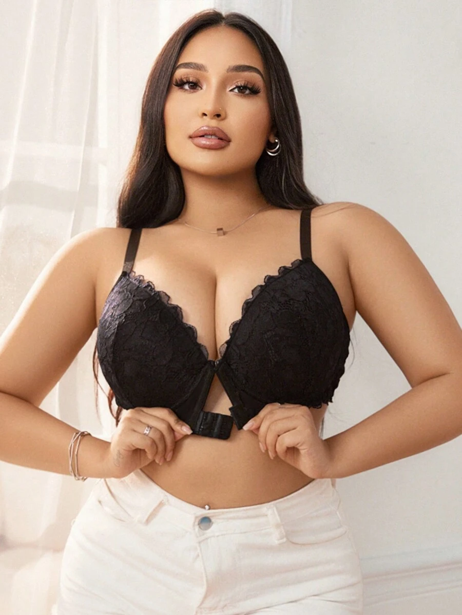 Front Hook-And-Eye Closure, Easy To Wear & Take Off, Lace, Floral, Mature Charm, Elegant, Comfortable 3/4 Cup Wire Bra & Wireless Bra, Plus Size - Black - View 1
