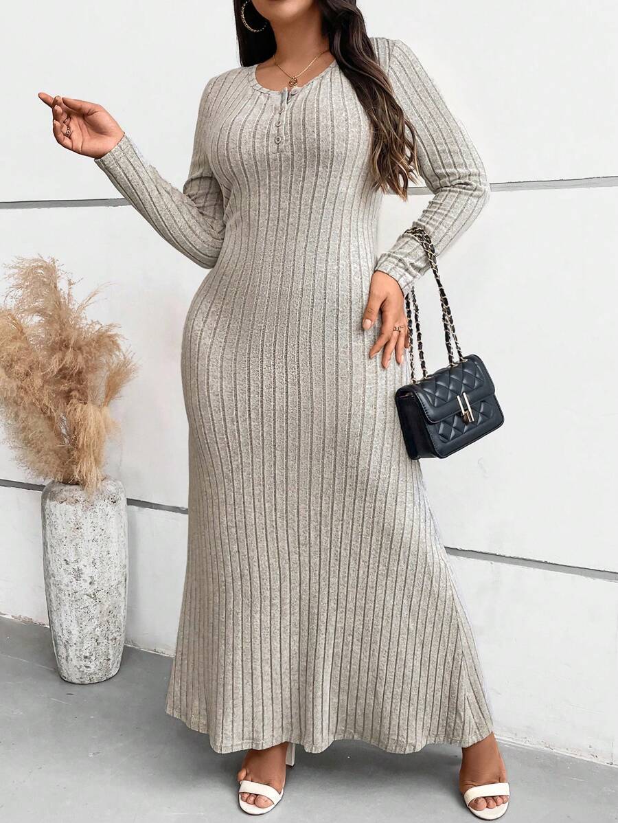 Calvaya Plus Size Long Sleeve Ribbed Knit Elegant Dress - Apricot - View 1