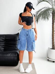 SHEIN EZwear Women's Front Button Multiple Pockets Solid Color Denim Shorts, Casual Daily Wear