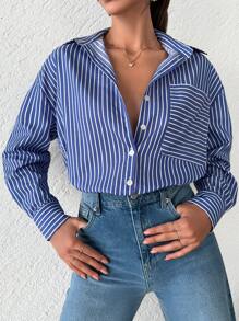 EURMUSE Striped Print Drop Shoulder Shirt - Blue - View 6