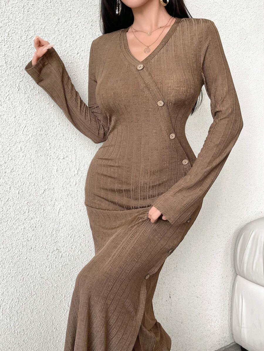 Modelyn 女士春秋纯色斜前开衩长款休闲连衣裙 - 咖啡 - 查看 1