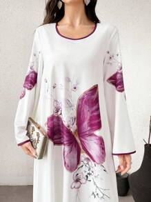 Al Najma 女士花卉印花圆领长袖撞色绑带长款束腰连衣裙、卡夫坦和贾拉比亚连衣裙 - 白色 - 查看 3