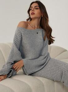 Firerie 2pcs Women's Asymmetrical Shoulder Asymmetrical Sweater Top And Midi Skirt Set
