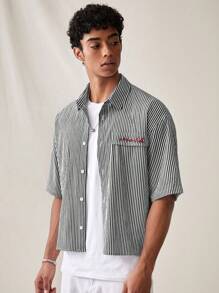 SWAVVY Men's Casual Loose Fit Striped Print Short Sleeve Shirt, Spring Summer - Black and White - View 7
