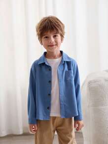 Cozy Pixies Camisa casual de unicolor con solapa, hombros caídos y bolsillo parche para niño joven