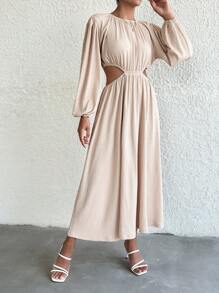 EURMUSE Petite Cut Out Waist Lantern Sleeve Dress - Camel - View 4