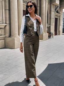 SHEIN LUNE Chaleco corto de mujer elegante y retro a cuadros - Marrón - Ver 3