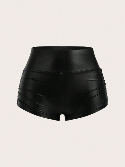 SHEIN EZwear Women's Solid Color Ruched Black PU Leather Shorts Night Summer Sexy