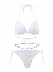 SHEIN Swim Conjunto de bikini halter simple para mujer y conjunto de bikini (color de la cadena de cintura al azar) para playa de verano - Blanco - Ver 5
