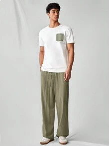SWAVVY Men's Casual Solid Color Woven Loose Straight Linen-Like Pants, Fall - Army Green - View 4