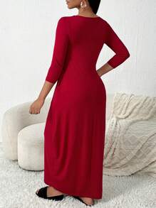 SHEIN SXY Lässiges, Oversized Damen Langkleid mit 3/4 Ärmeln für den Herbst - Bordeaux - Übersicht 2