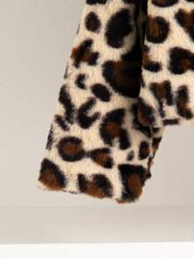 SHEIN Young Girl Plush Leopard Print Winter Jacket And Hat Set - Apricot - View 4