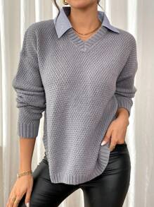 Chiquease Women V-Neck Long Sleeve Plain Casual Split Hem Pullover Sweater Knit Pullover Fall Winter Outfit