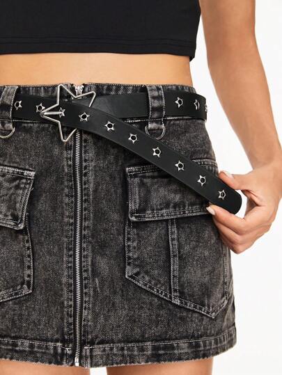 Goth 1pc Women's Hollow-Out Five-Pointed Star Buckle Decorated Belt, Pentagram Rivets Decor, All-Match Style For Daily Wear And College Fashion