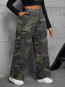SHEIN SXY Plus Size Denim Camouflage Cargo Straight Pants - Multicolor - View 1