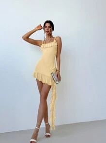 Aloruh Sleeveless Mesh Contrast Fringed Slip Dress In Yellow For Women's Date Night - Apricot - View 4