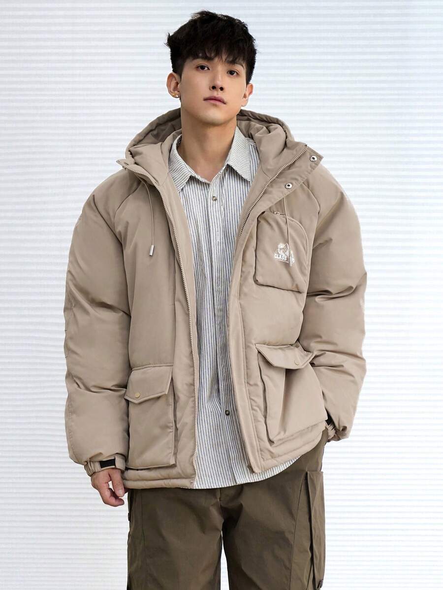 DAZY Men's Zip-Up Hooded Padded Coat With Letter Print, Winter Jacket - Khaki - View 1