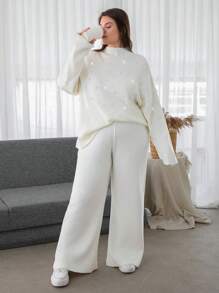 EURMUSE Plus Size Women Pearl Detailed Sweater Two Pieces Sets, For Winter