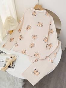 2pcs Teen Girls' Casual Beige Cute Bear Print Long Sleeve Loose Fit Pajama Set - Beige - View 2