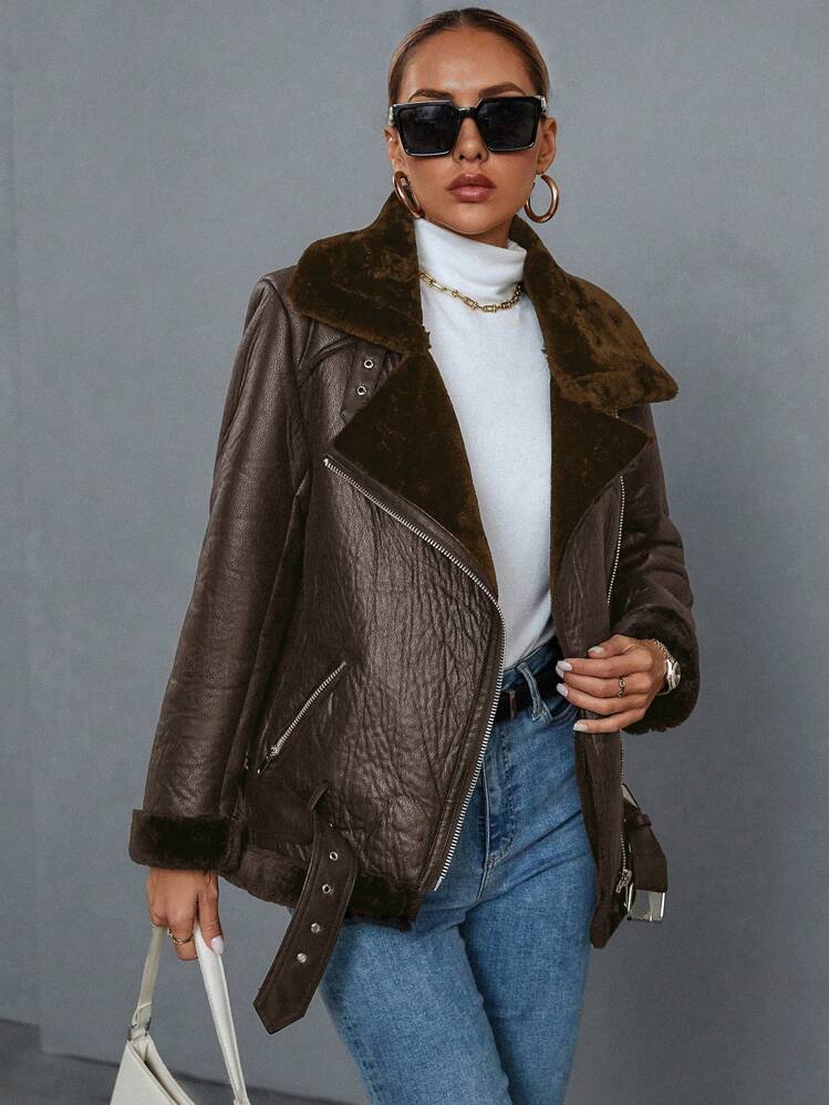 SHEIN Privé Women's Vintage Style Stand Collar Zip-Up Long Sleeve Charming Jacket Faux Leather Aviator Jacket With Borg Lining