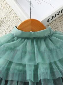 2 件装女婴薄纱披肩带蝴蝶结装饰和长袖褶皱连衣裙套装 - 黑色 - 查看 6