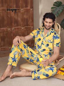 Manfinity Underwear&Sleepwear Basics Set pigiama uomo con camicia a maniche corte con colletto alla coreana, bottoni, tasche e stampa floreale e pantaloni - Giallo - Visualizzare 6