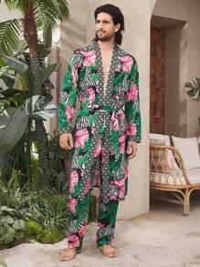 Manfinity Underwear&Sleepwear Basics Conjunto de pijama con top largo y pantalones estampado floral de patrón completo y parches para hombre - Multicolor - Ver 2