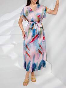 Mulvari 女士夏季漸變印花重疊V領蝙蝠短袖長款優雅連衣裙 - 紫色 - 查看 4